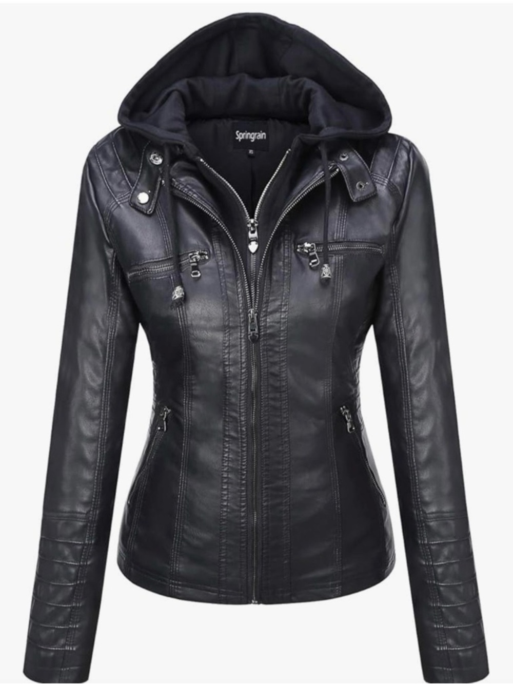 Women's Black Faux Leather Hooded Jacket with Zip Details